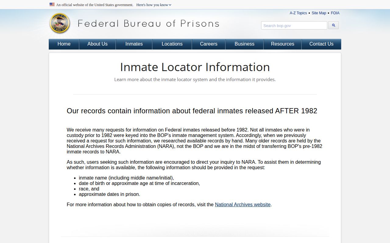 BOP federal release status meanings for Iron County records