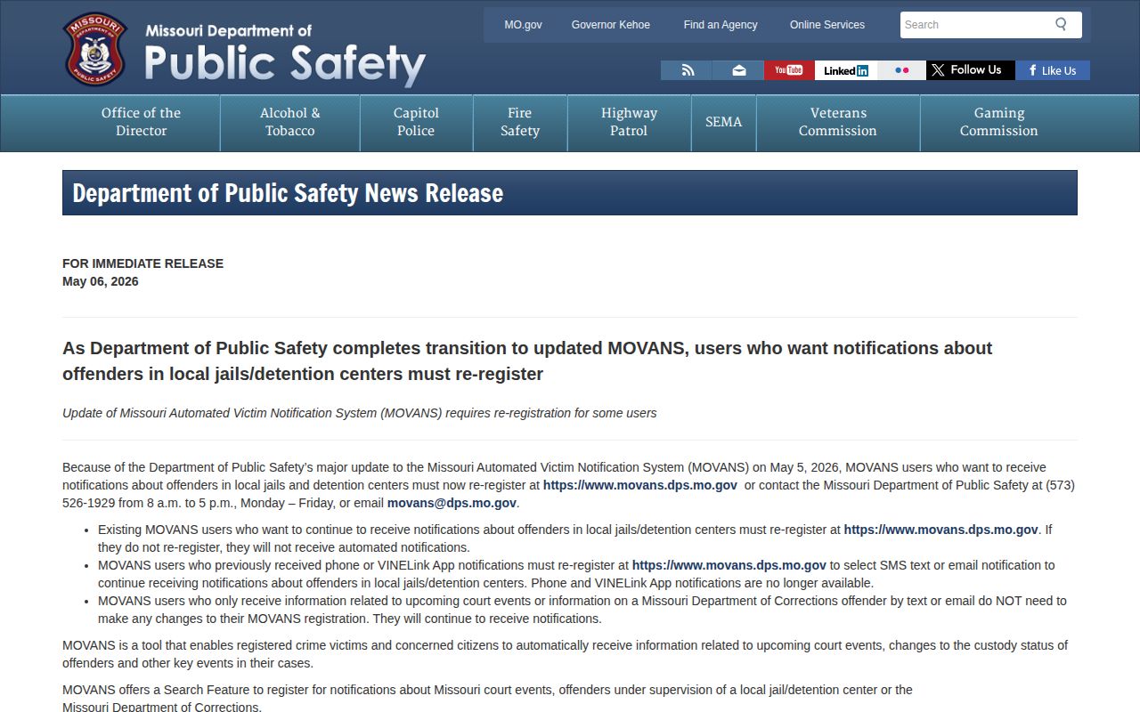 Missouri DPS notice changing Iron County local jail release alerts to MOVANS